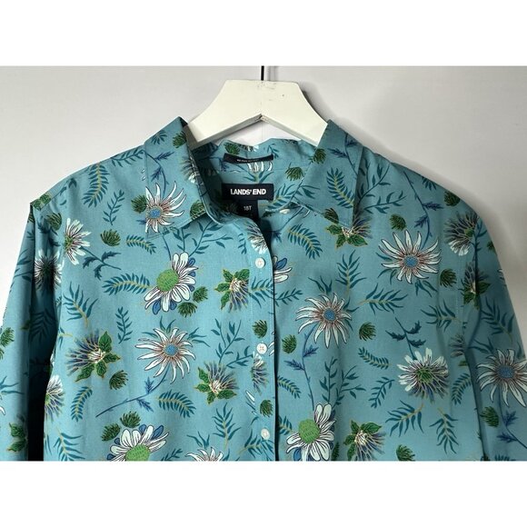 Lands End No-Iron Supima 100% Cotton Button Up Top Size 18 Tall Blue Floral - Picture 2 of 10